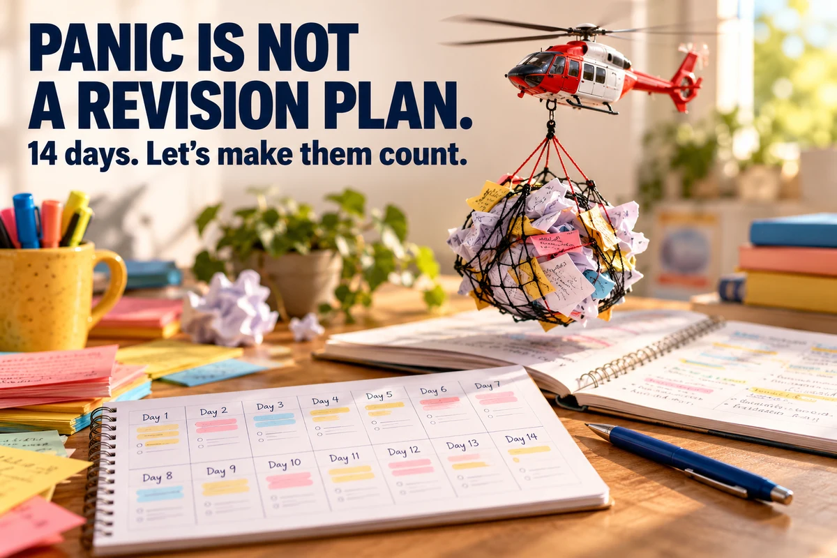 Panic is not a revision plan. 14 days. Let’s make them count. A miniature rescue helicopter lifts crumpled notes above a study desk and revision planner.