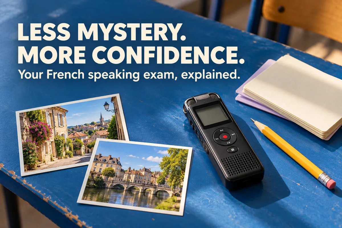 French speaking exam revision setup on a blue desk with a recorder, notes, pencil and photos of French towns beneath the words “Less mystery. More confidence.”