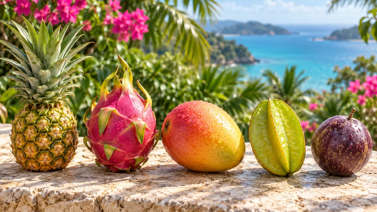 Pineapple, dragon fruit, mango, star fruit and passion fruit overlooking a tropical bay.