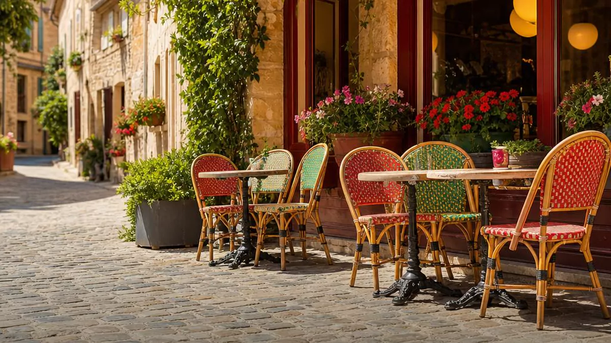 A colourful French café terrace in the soft light of morning.