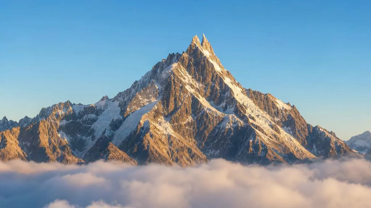 An Alpine summit rising above a sea of clouds.