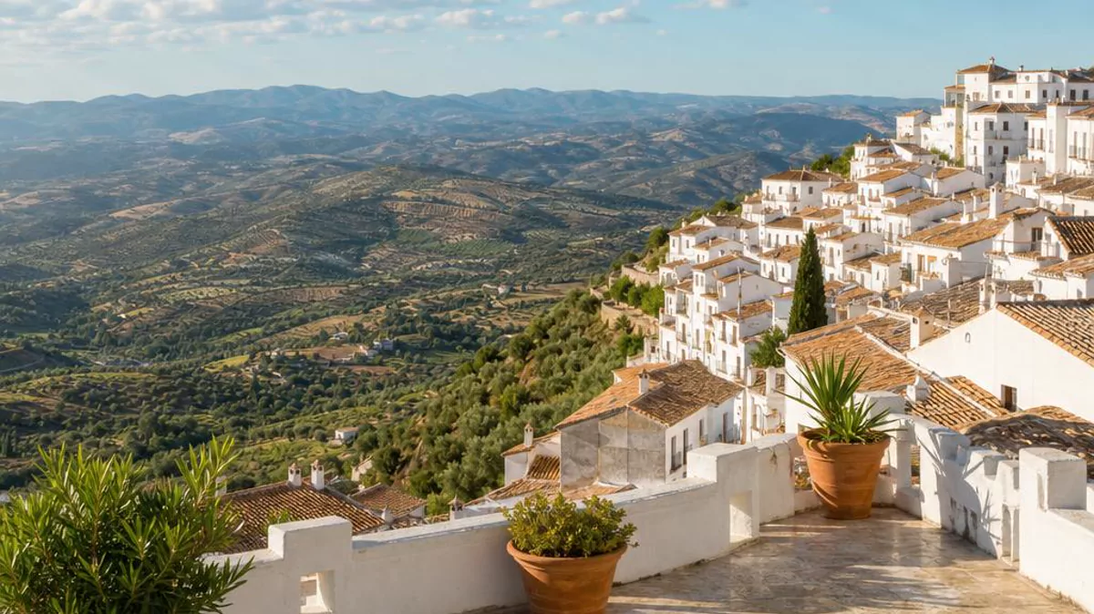 A Spanish hilltop town overlooking the surrounding countryside.