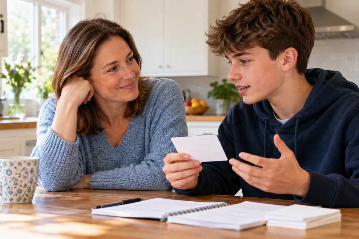 A mother and teenage son work through revision notes together at a kitchen table.