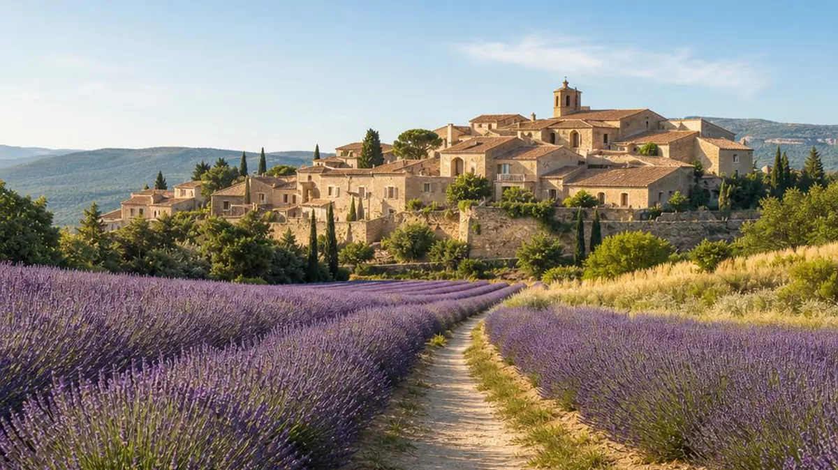 A winding path through lavender fields leads toward a Provençal village.