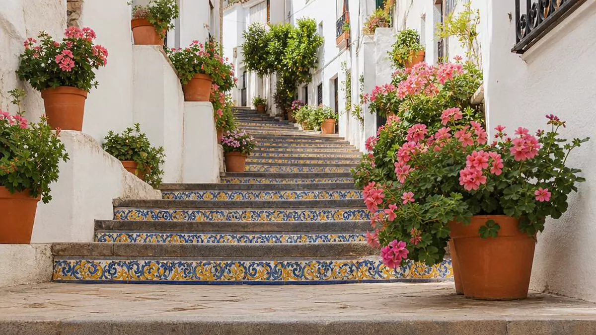 A Spanish tiled staircase lined with colourful flowerpots.