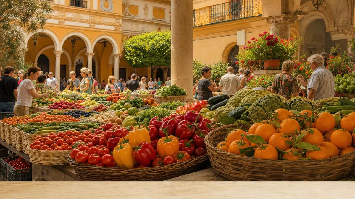 Vivid fresh produce at a lively Spanish market, framed by local architecture.