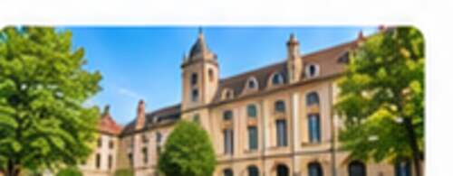 School building pictured alongside a French-to-sentence example