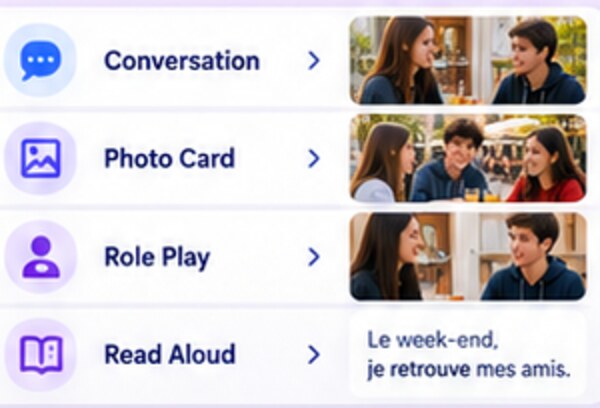 Illustrated list of speaking exam task types with photo thumbnails