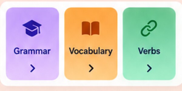 Illustrated topic choices for grammar, vocabulary and verbs