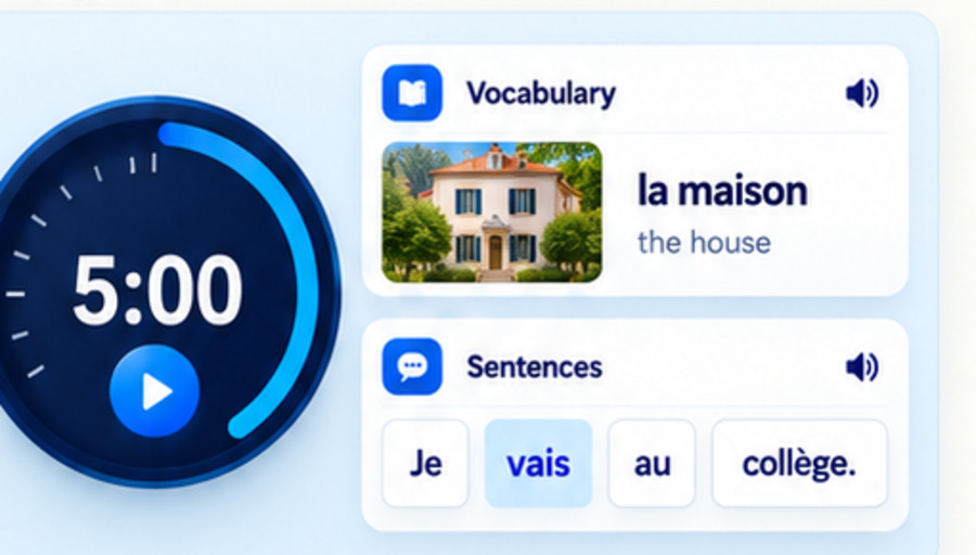 Illustrative five-minute revision timer with vocabulary and sentence tasks