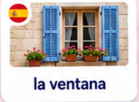 Flower-filled window with blue shutters, vocabulary picture for la ventana