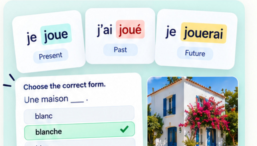 Illustrative grammar cards showing verb tenses and adjective agreement