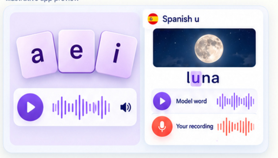 Illustrative phonics cards and model-word audio comparisons