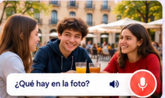 Photo card showing three friends at a café with a speaking prompt